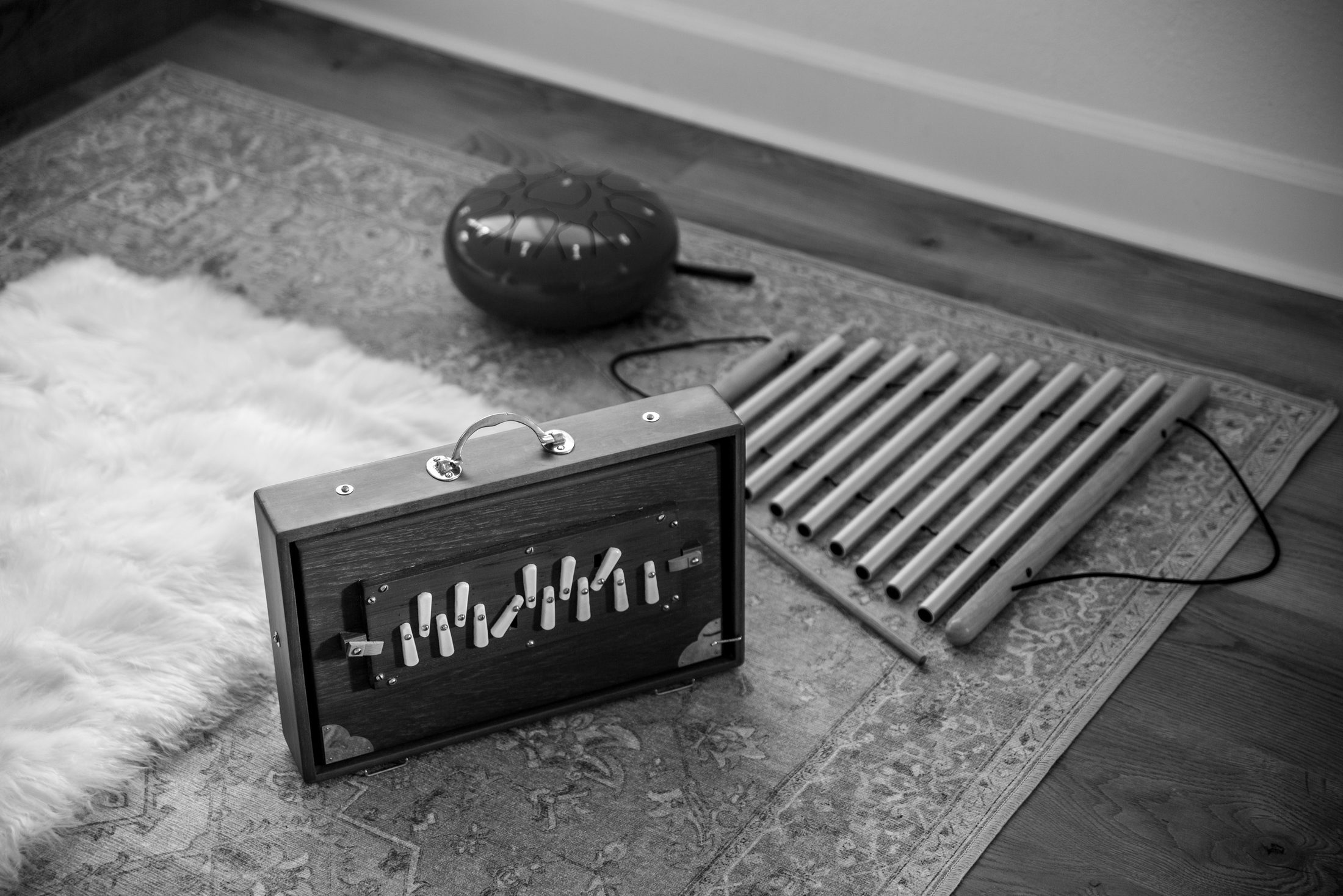 Shruti box, chimes, and a tongue drum laid out on a rug in the studio.