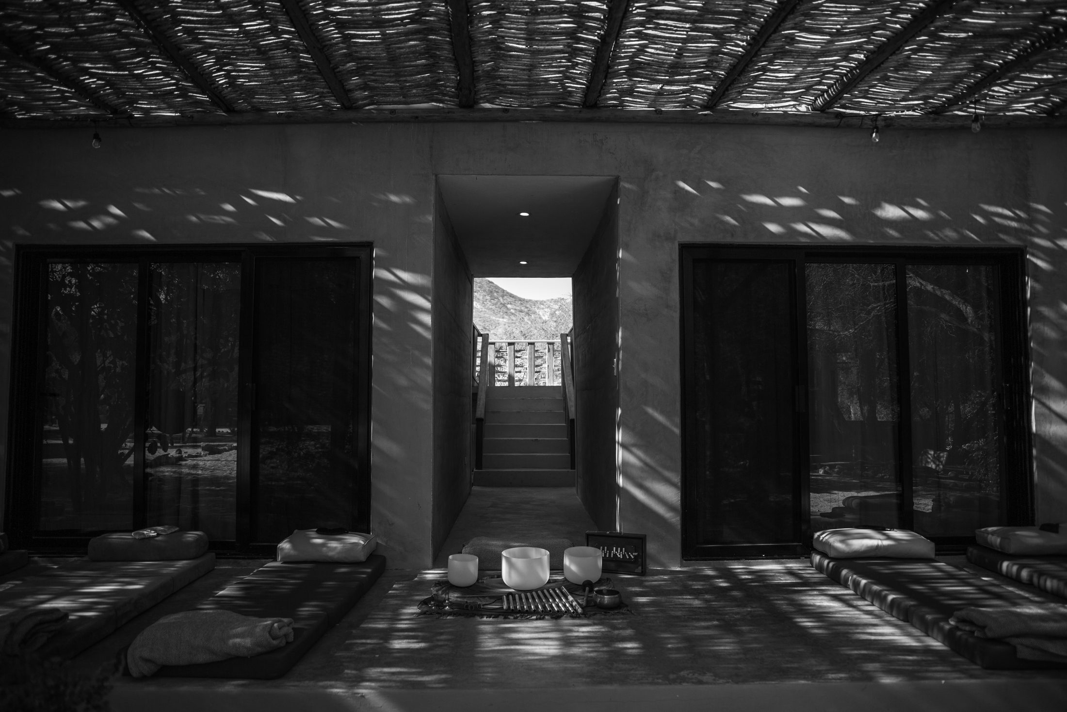 A session room glowing with dappled light, mats and bowls laid out and waiting.